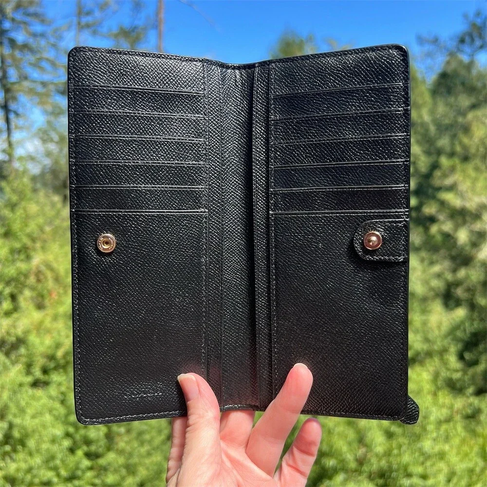 COACH Slim Bifold Wallet BLACK Crossgrain Leather with Gold Hardware AUTHENTIC